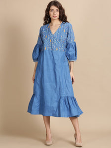 Sanganeri Block Print Dress - Blue