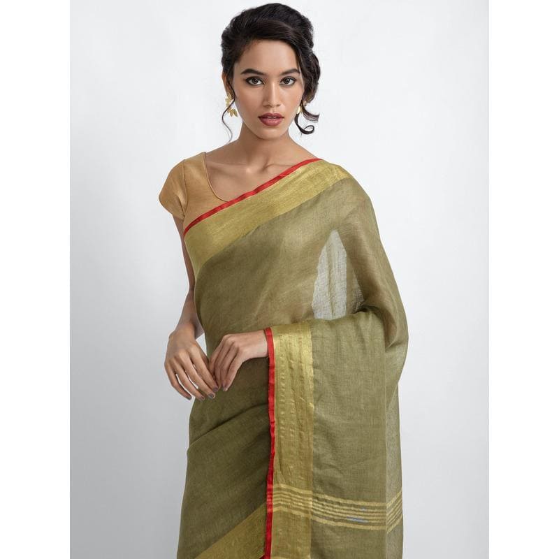 Saree With Red Borders - Olive Green - Charkha TalesSaree With Red Borders - Olive Green