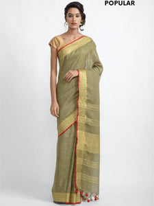 Saree With Red Borders - Olive Green