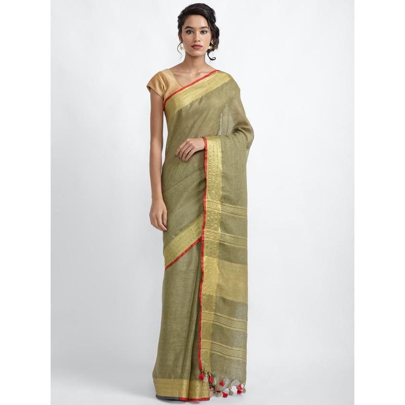 Saree With Red Borders - Olive Green - Charkha TalesSaree With Red Borders - Olive Green