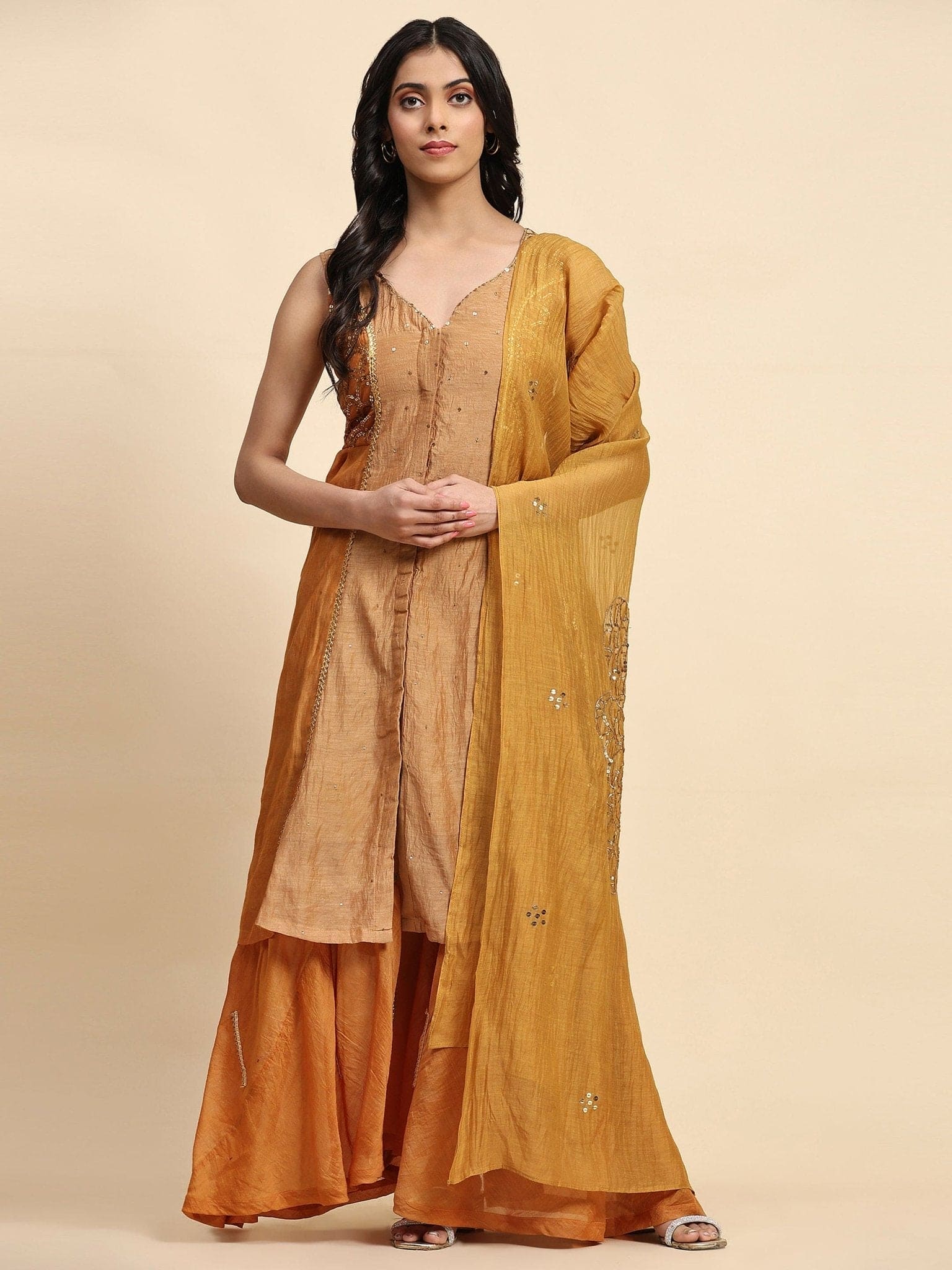 Sequin Chanderi Kurta Set - Mustured - Charkha TalesSequin Chanderi Kurta Set - Mustured