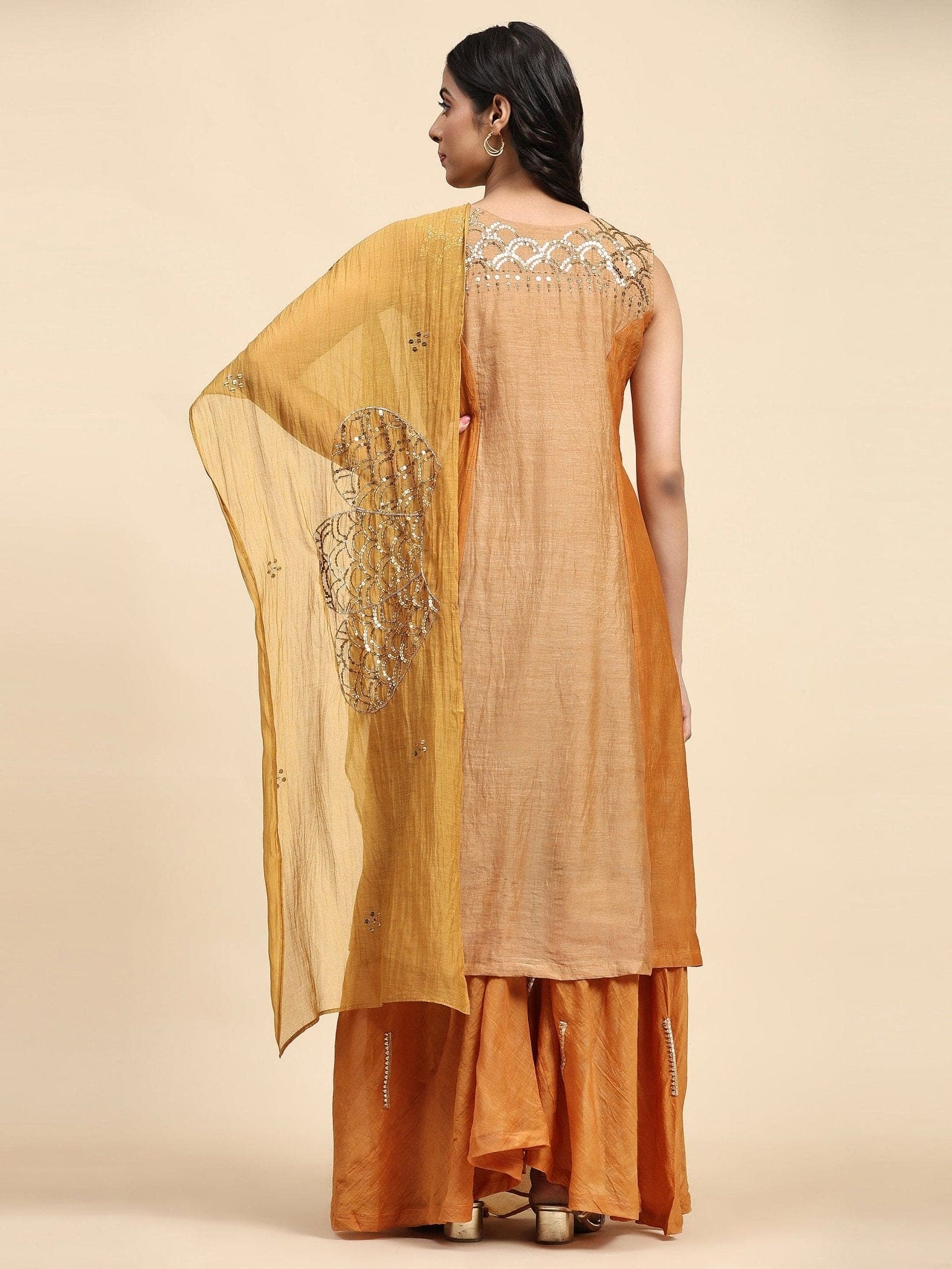 Sequin Chanderi Kurta Set - Mustured - Charkha TalesSequin Chanderi Kurta Set - Mustured