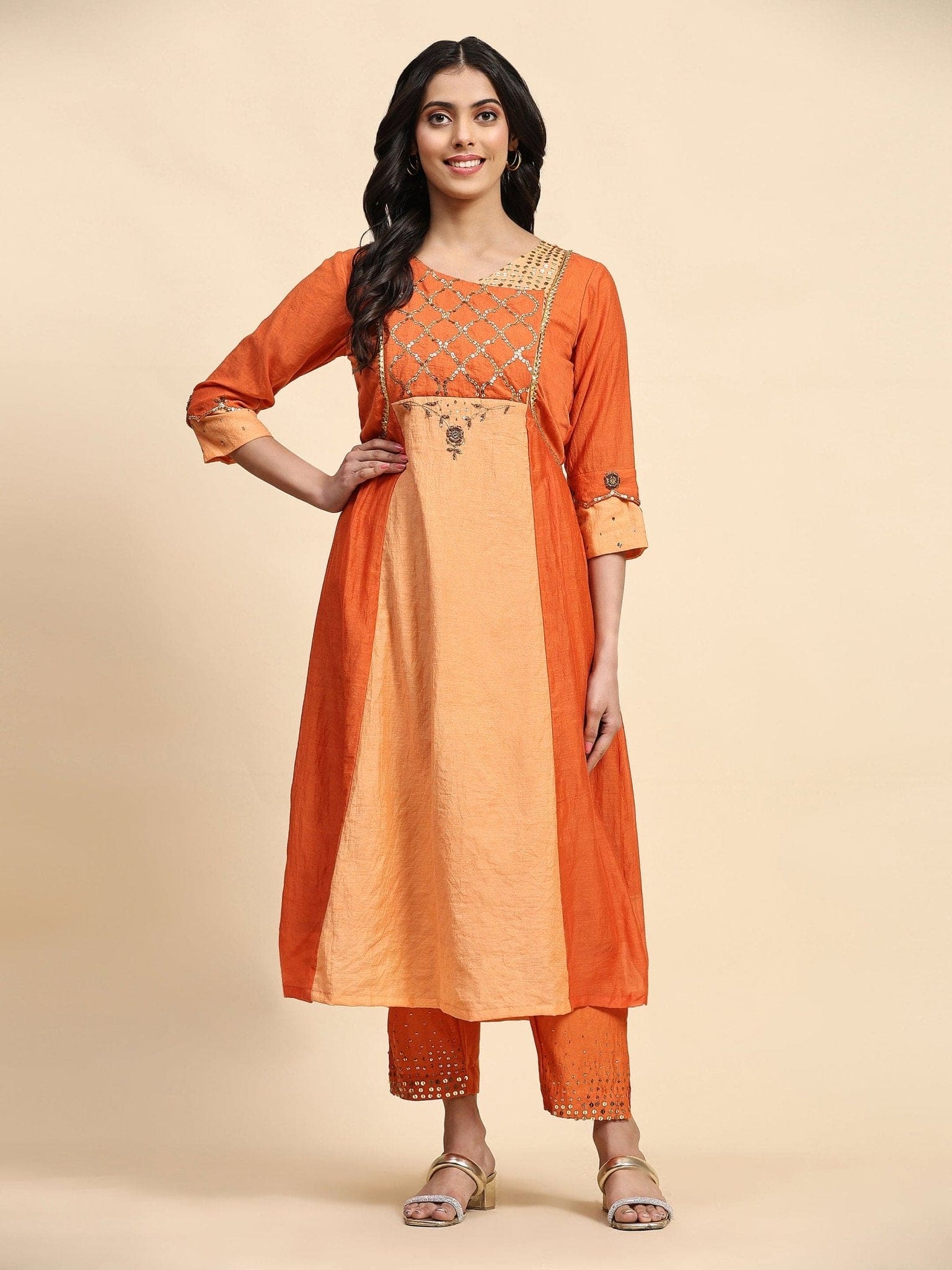 Sequin Chanderi Kurta Set - Orange &amp; Peach - Charkha TalesSequin Chanderi Kurta Set - Orange &amp; Peach