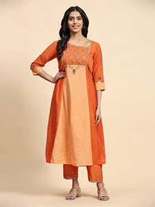 Sequin Chanderi Kurta Set - Orange & Peach