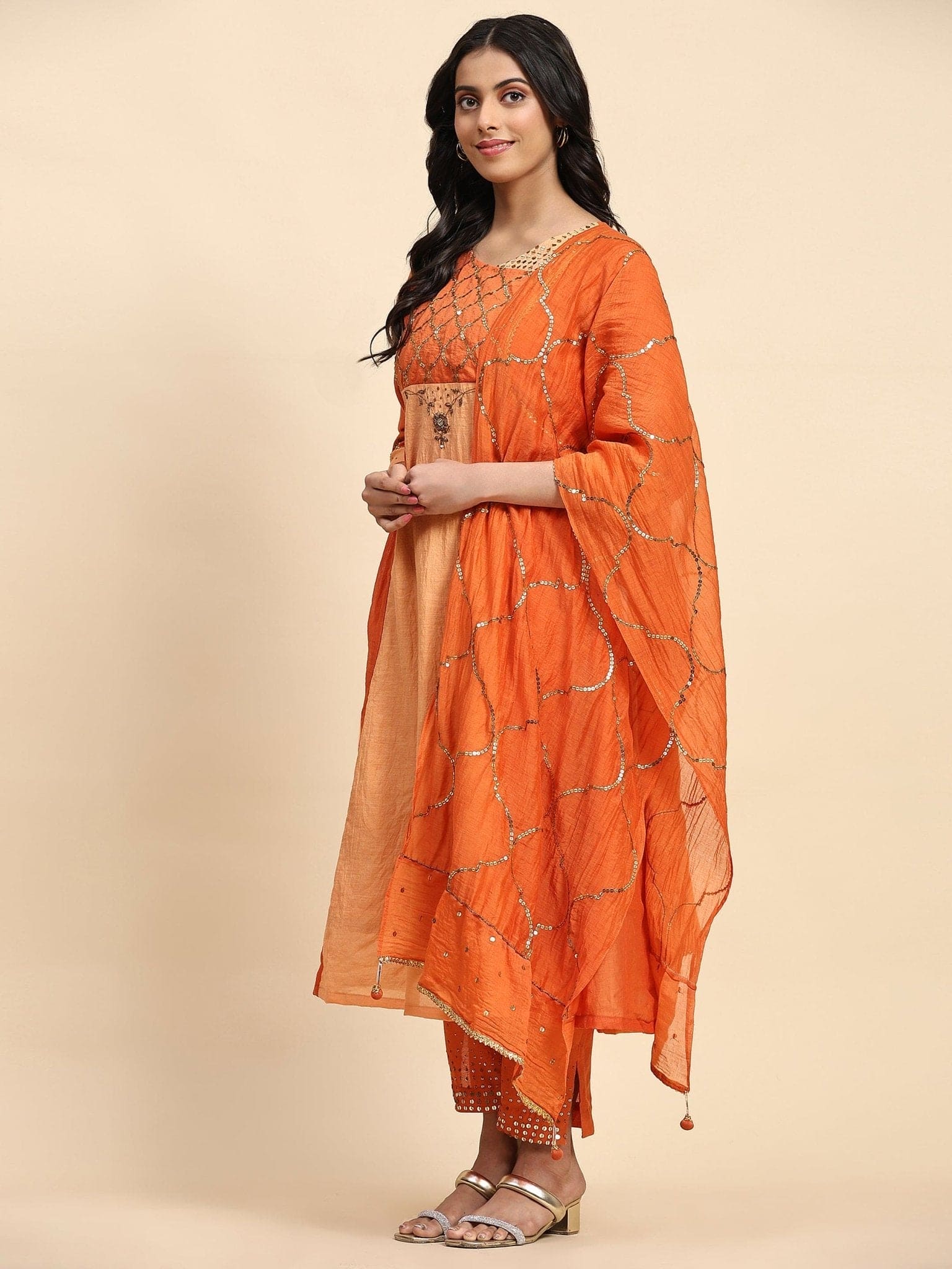 Sequin Chanderi Kurta Set - Orange &amp; Peach - Charkha TalesSequin Chanderi Kurta Set - Orange &amp; Peach