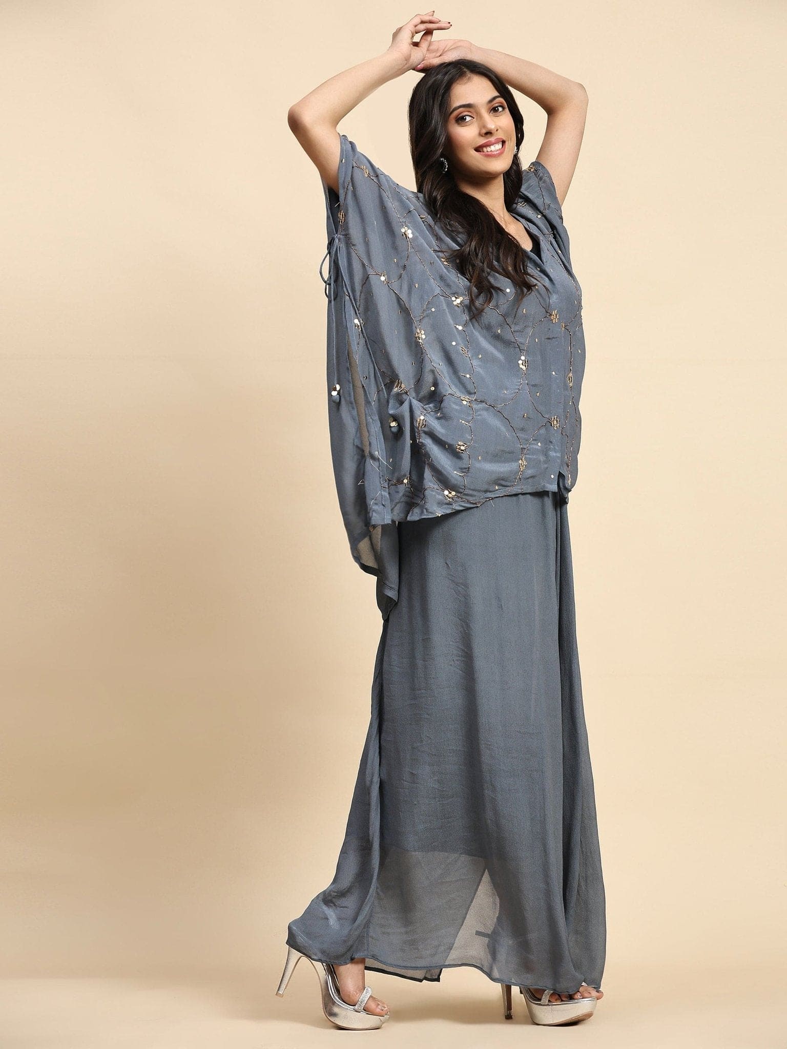 Sequin Work Cape Set - Grey - Charkha TalesSequin Work Cape Set - Grey