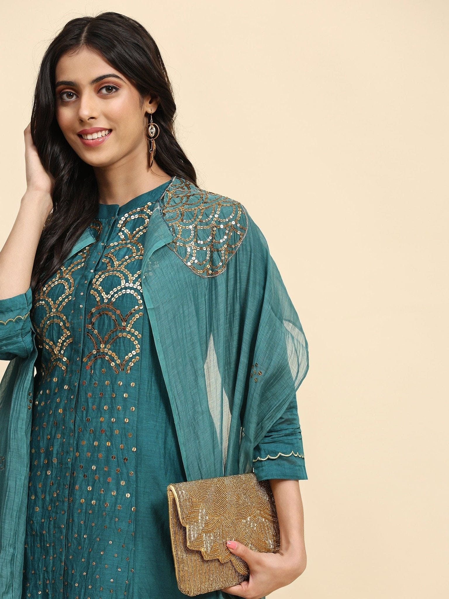 Sequin Work Chanderi Kurta Set - Green - Charkha TalesSequin Work Chanderi Kurta Set - Green