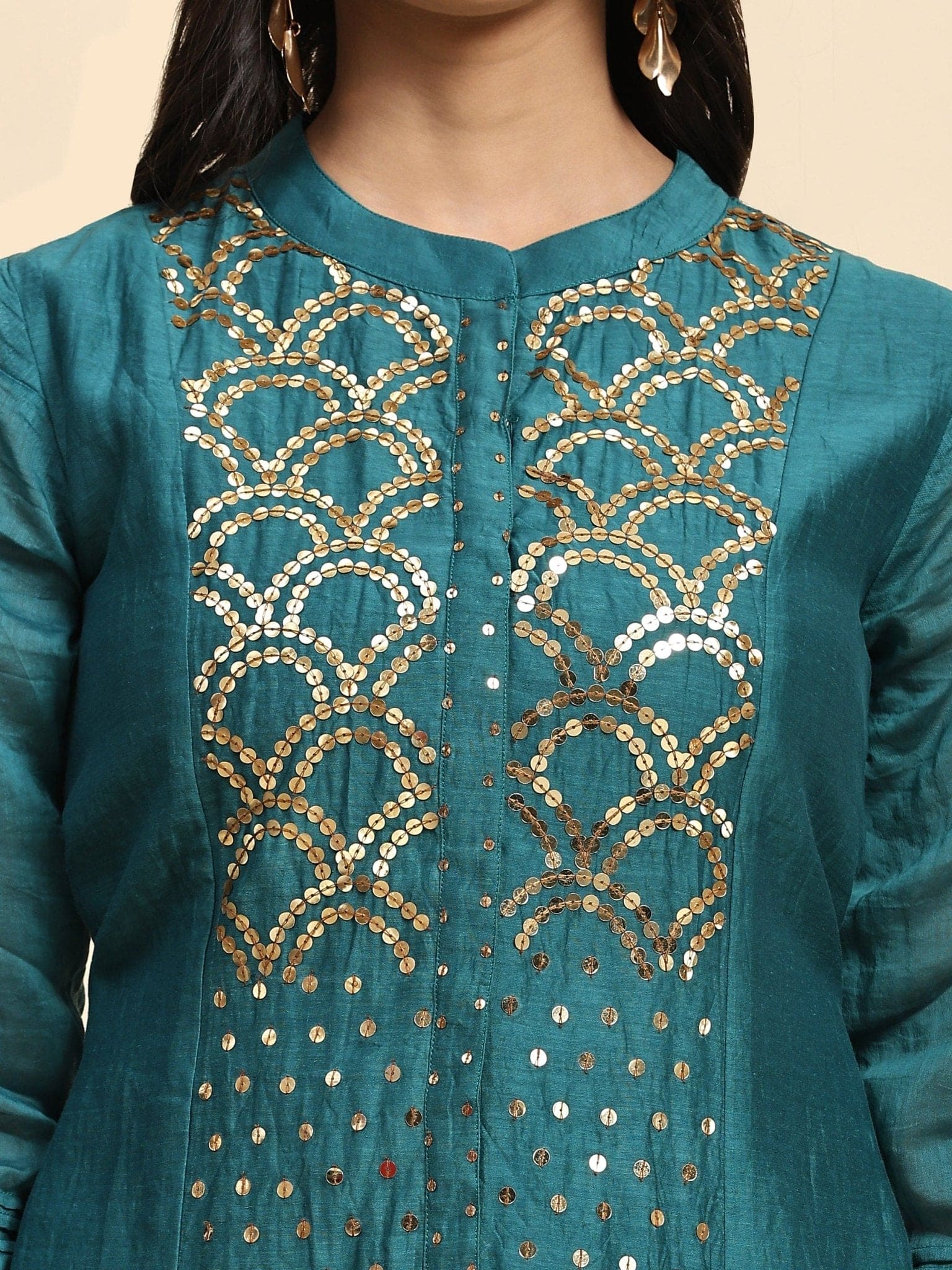 Sequin Work Chanderi Kurta Set - Green - Charkha TalesSequin Work Chanderi Kurta Set - Green