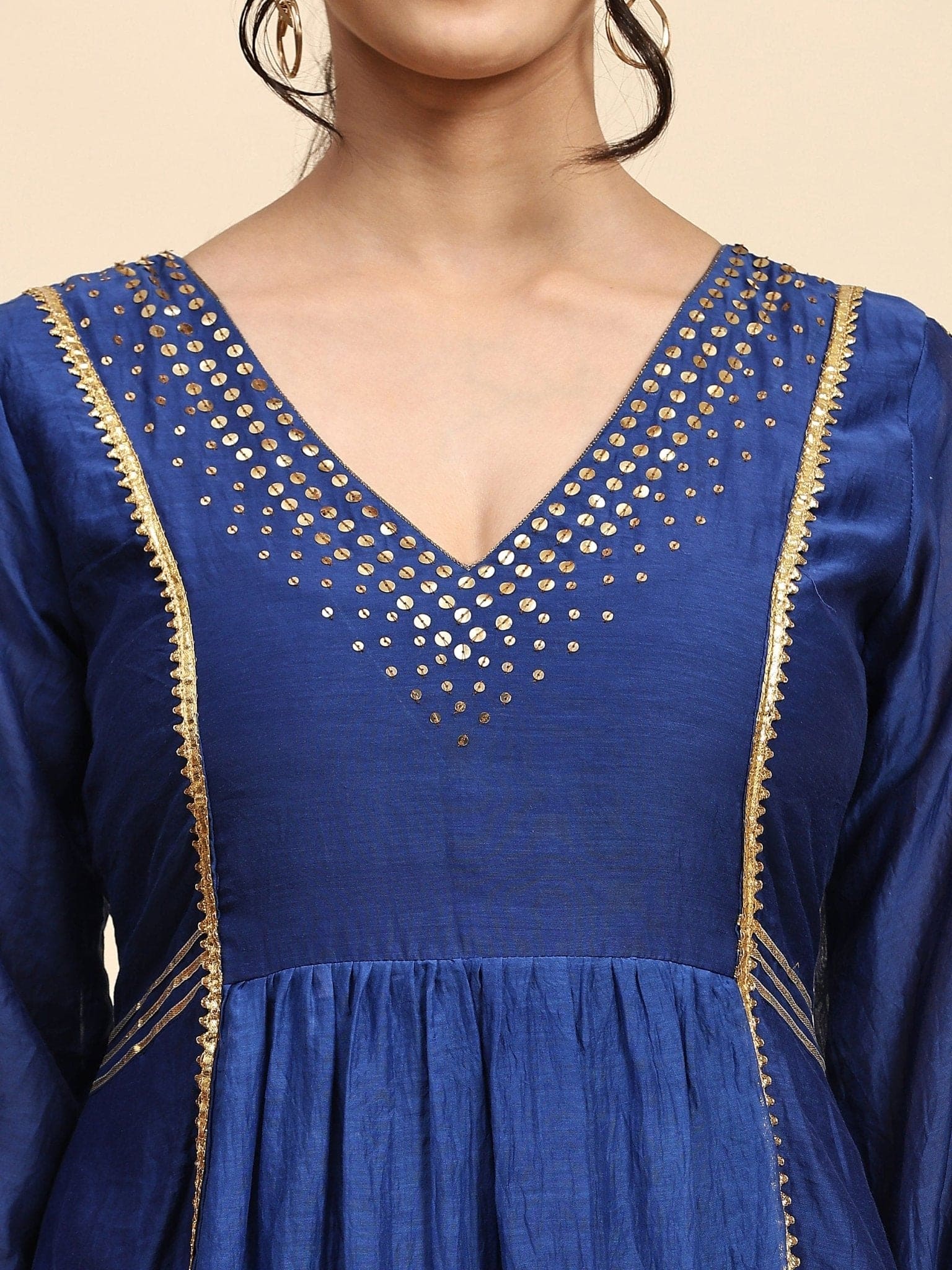 Sequin Work Chanderi Kurta Set - Ink Blue - Charkha TalesSequin Work Chanderi Kurta Set - Ink Blue