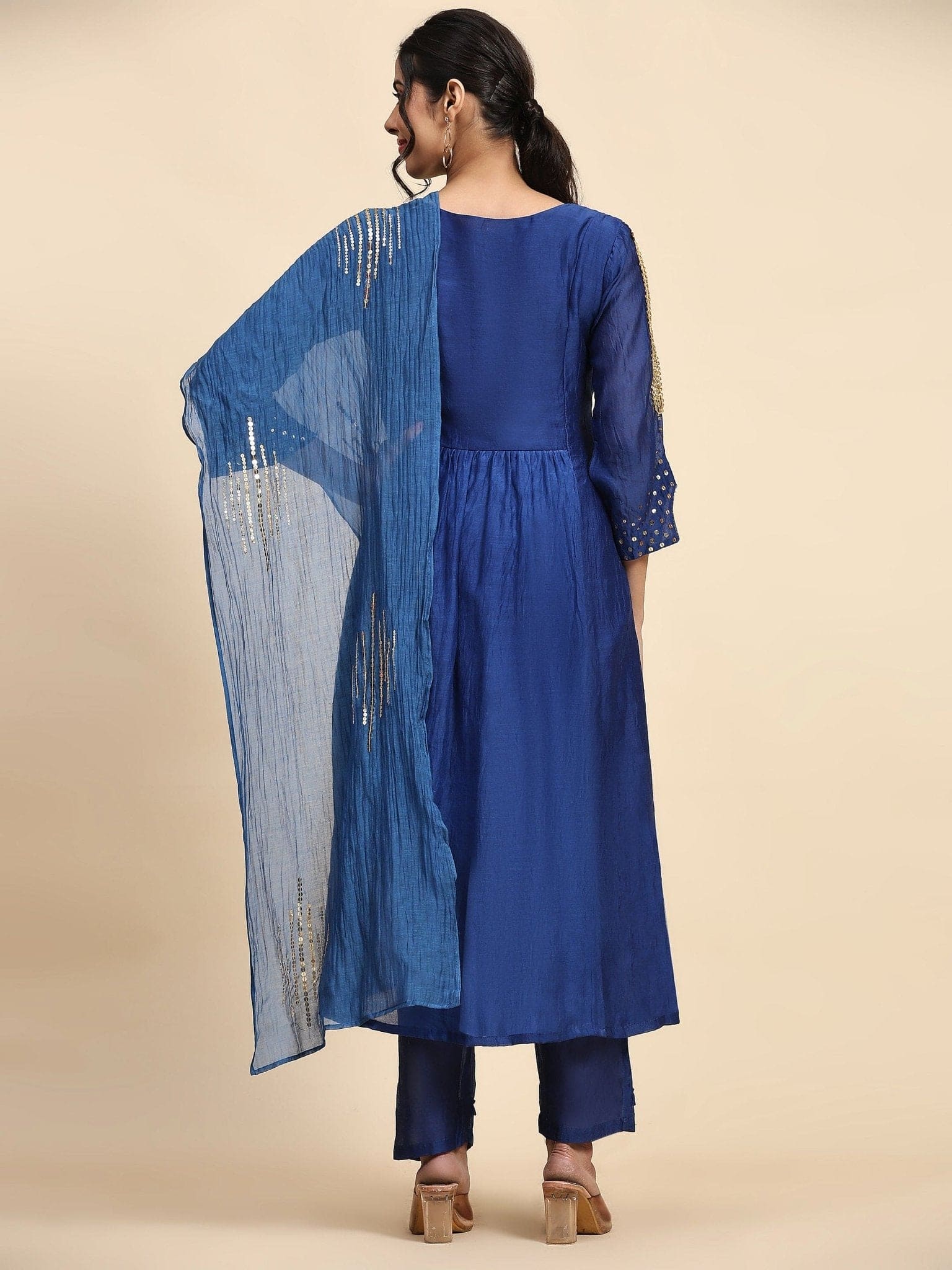 Sequin Work Chanderi Kurta Set - Ink Blue - Charkha TalesSequin Work Chanderi Kurta Set - Ink Blue