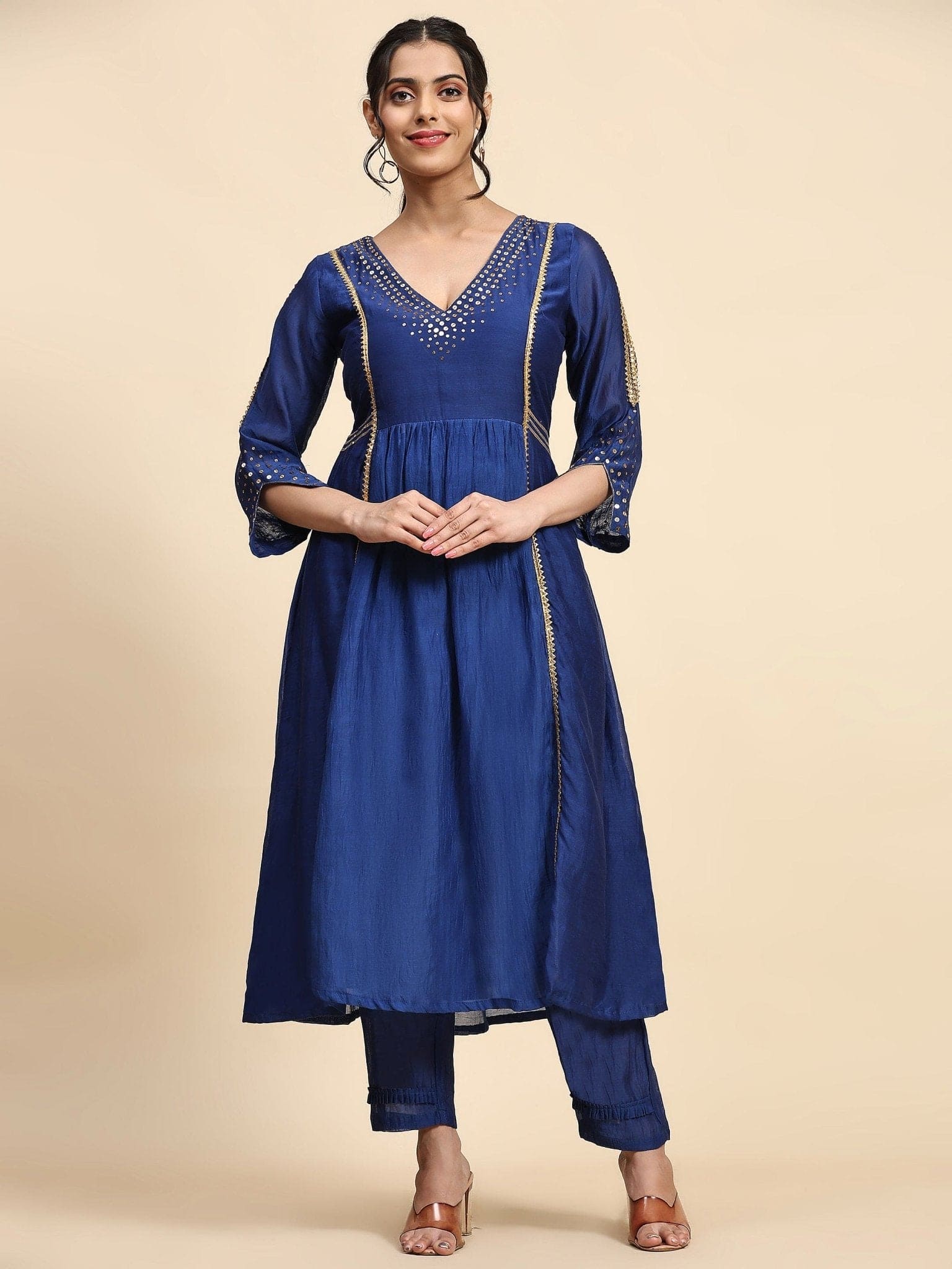 Sequin Work Chanderi Kurta Set - Ink Blue - Charkha TalesSequin Work Chanderi Kurta Set - Ink Blue