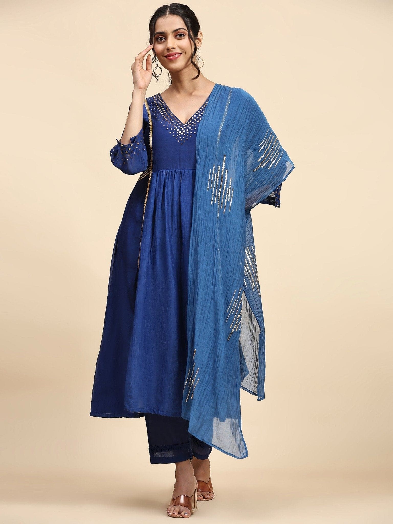 Sequin Work Chanderi Kurta Set - Ink Blue - Charkha TalesSequin Work Chanderi Kurta Set - Ink Blue