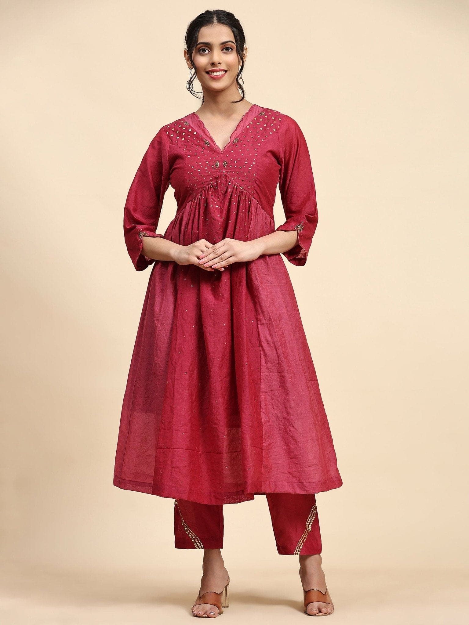 Sequin Work Chanderi Kurta Set - Maroon - Charkha TalesSequin Work Chanderi Kurta Set - Maroon