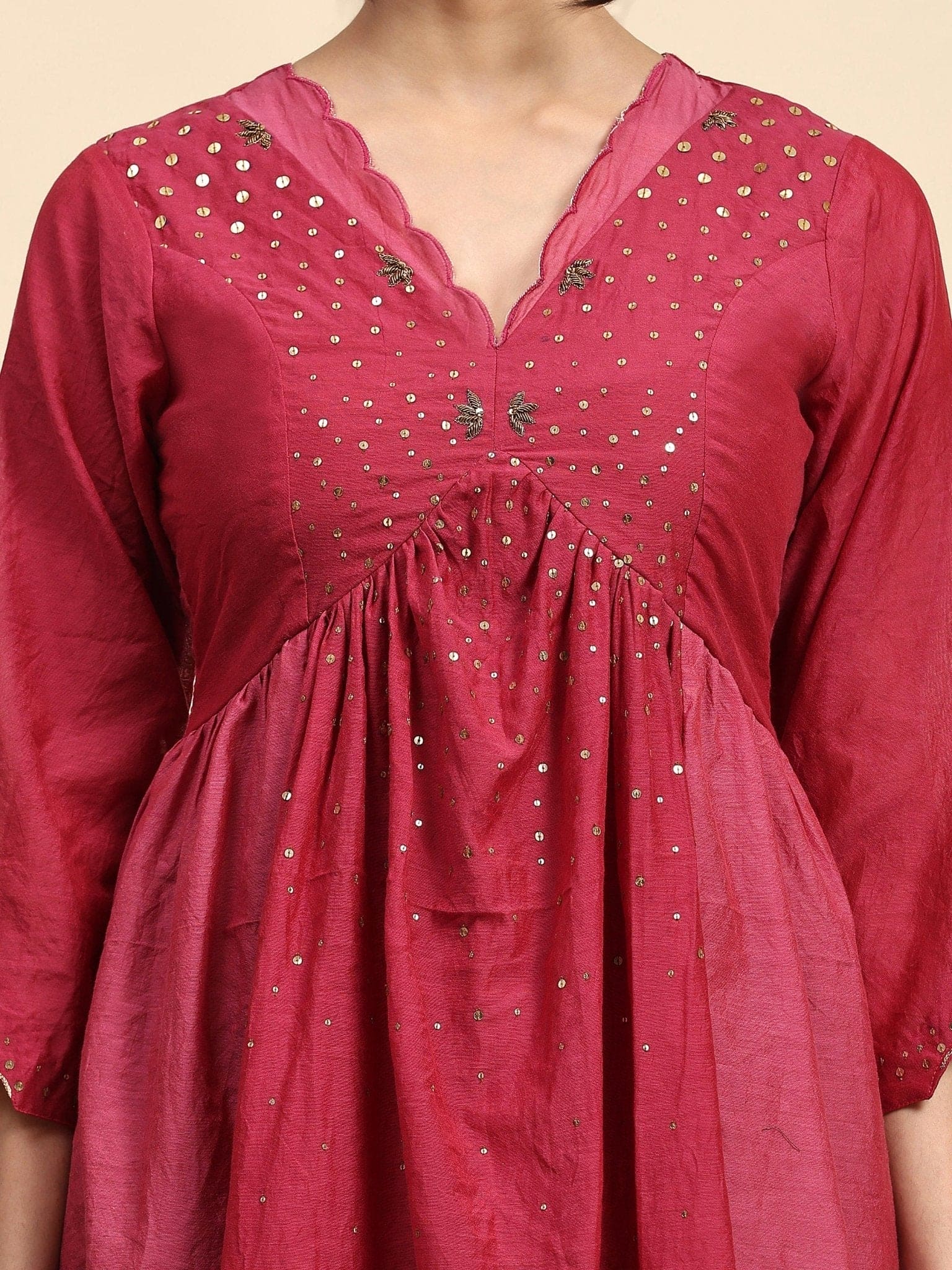 Sequin Work Chanderi Kurta Set - Maroon - Charkha TalesSequin Work Chanderi Kurta Set - Maroon