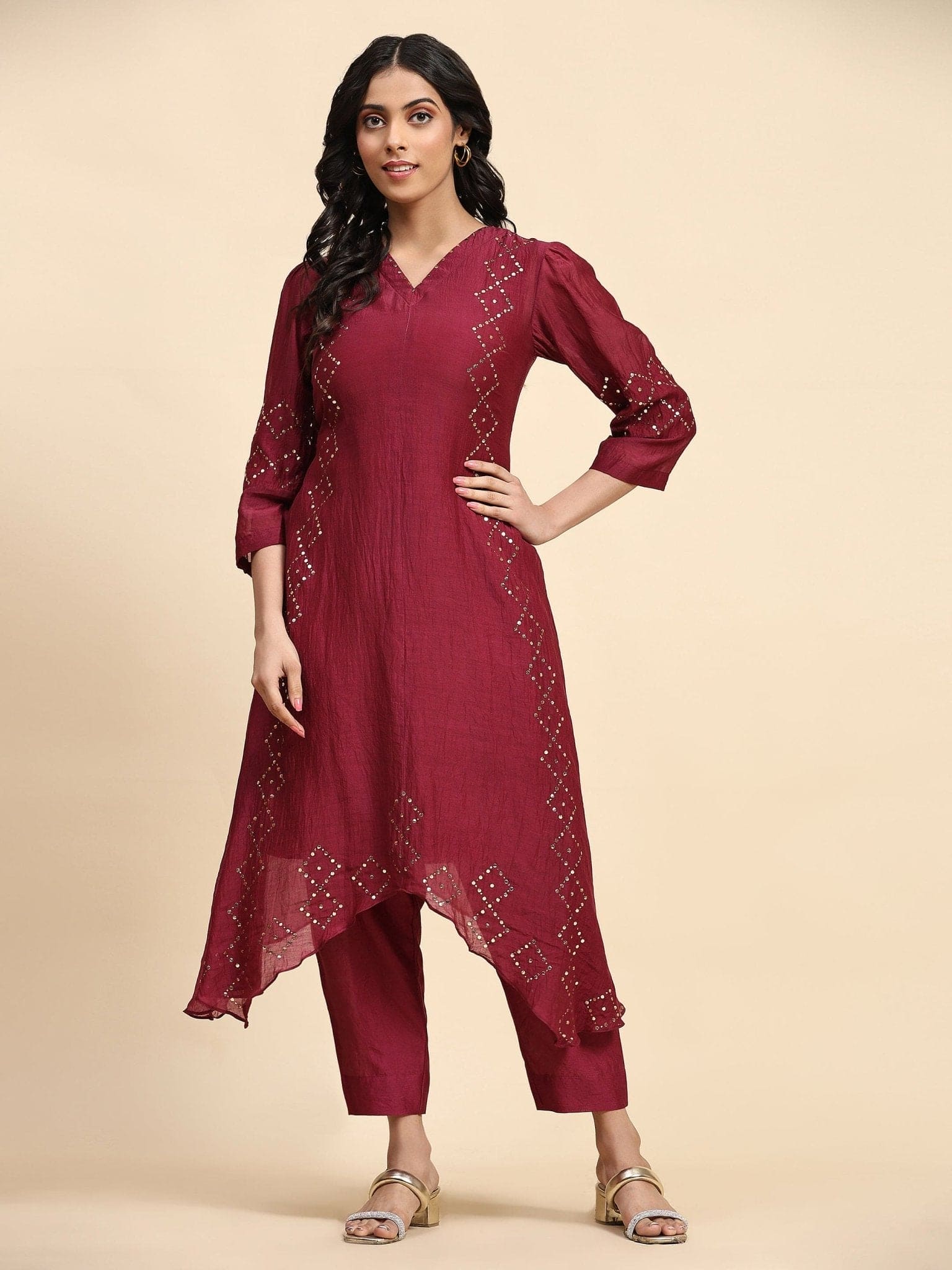 Sequin Work Chanderi Kurta Set - Maroon - Charkha TalesSequin Work Chanderi Kurta Set - Maroon