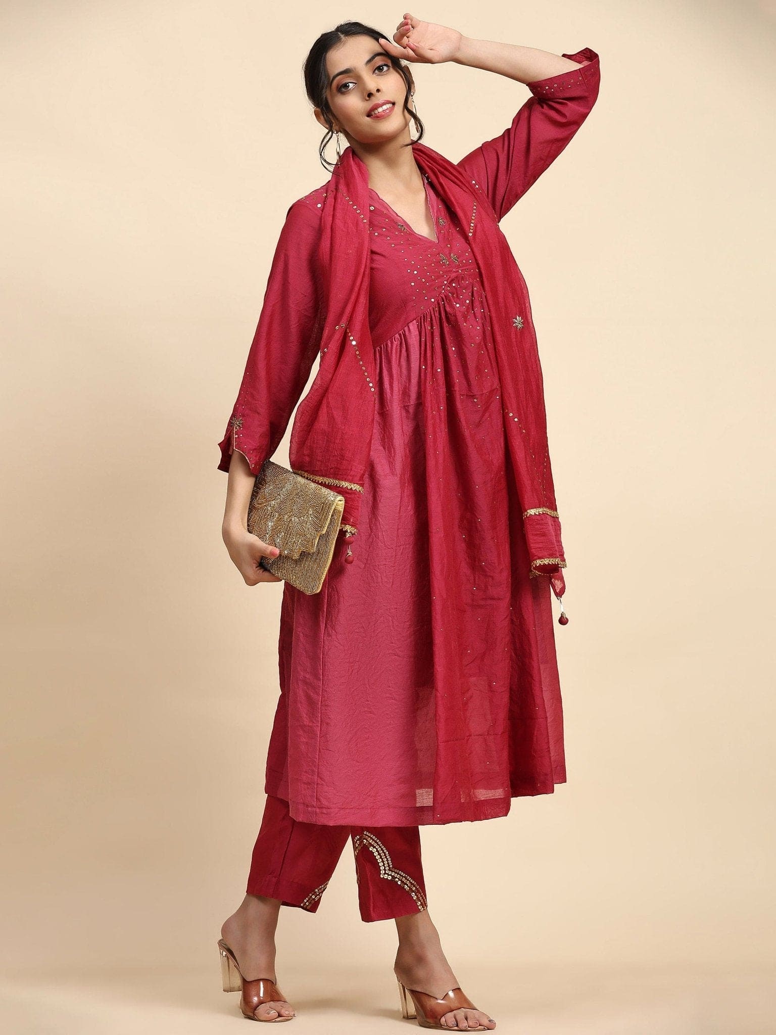Sequin Work Chanderi Kurta Set - Maroon - Charkha TalesSequin Work Chanderi Kurta Set - Maroon
