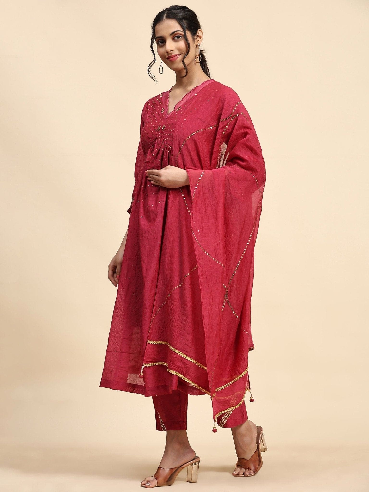 Sequin Work Chanderi Kurta Set - Maroon - Charkha TalesSequin Work Chanderi Kurta Set - Maroon