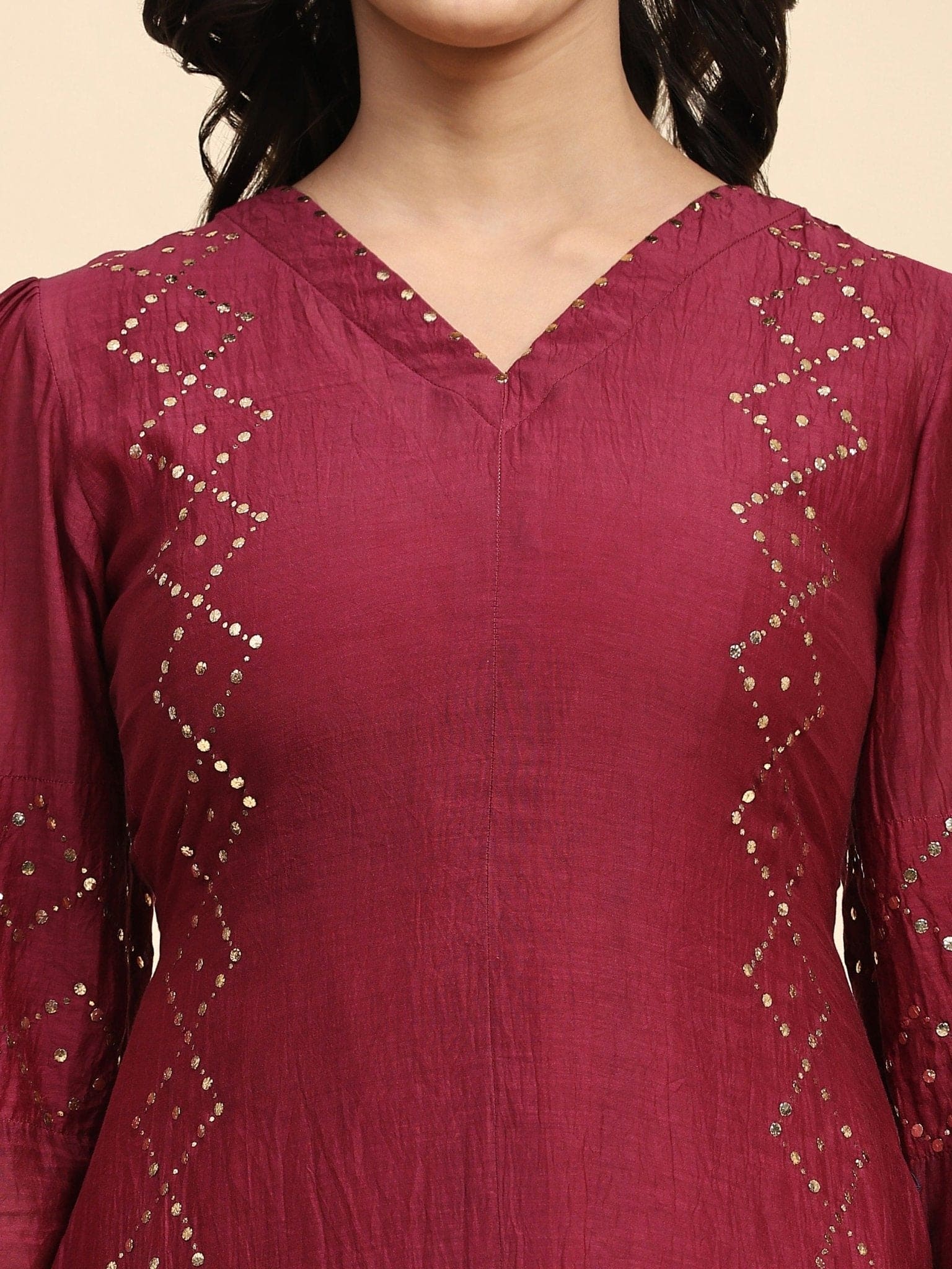 Sequin Work Chanderi Kurta Set - Maroon - Charkha TalesSequin Work Chanderi Kurta Set - Maroon