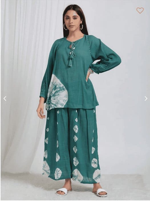 Shibori Crush Cotton Co - Ord Set - Green - Charkha TalesShibori Crush Cotton Co - Ord Set - Green