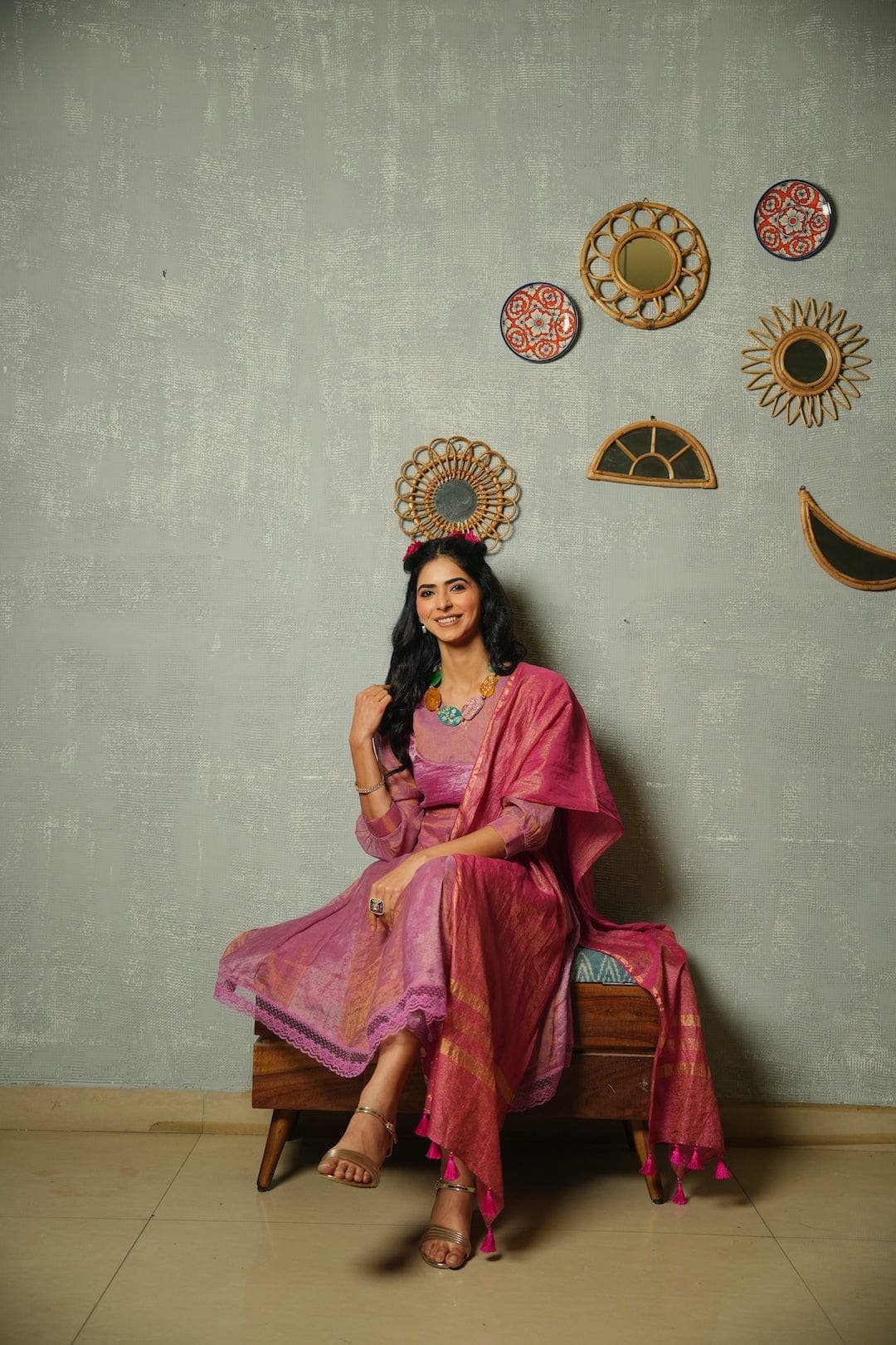 Shimmer Banarsi Anarkali Kurta Set - Majenta - Charkha TalesShimmer Banarsi Anarkali Kurta Set - Majenta