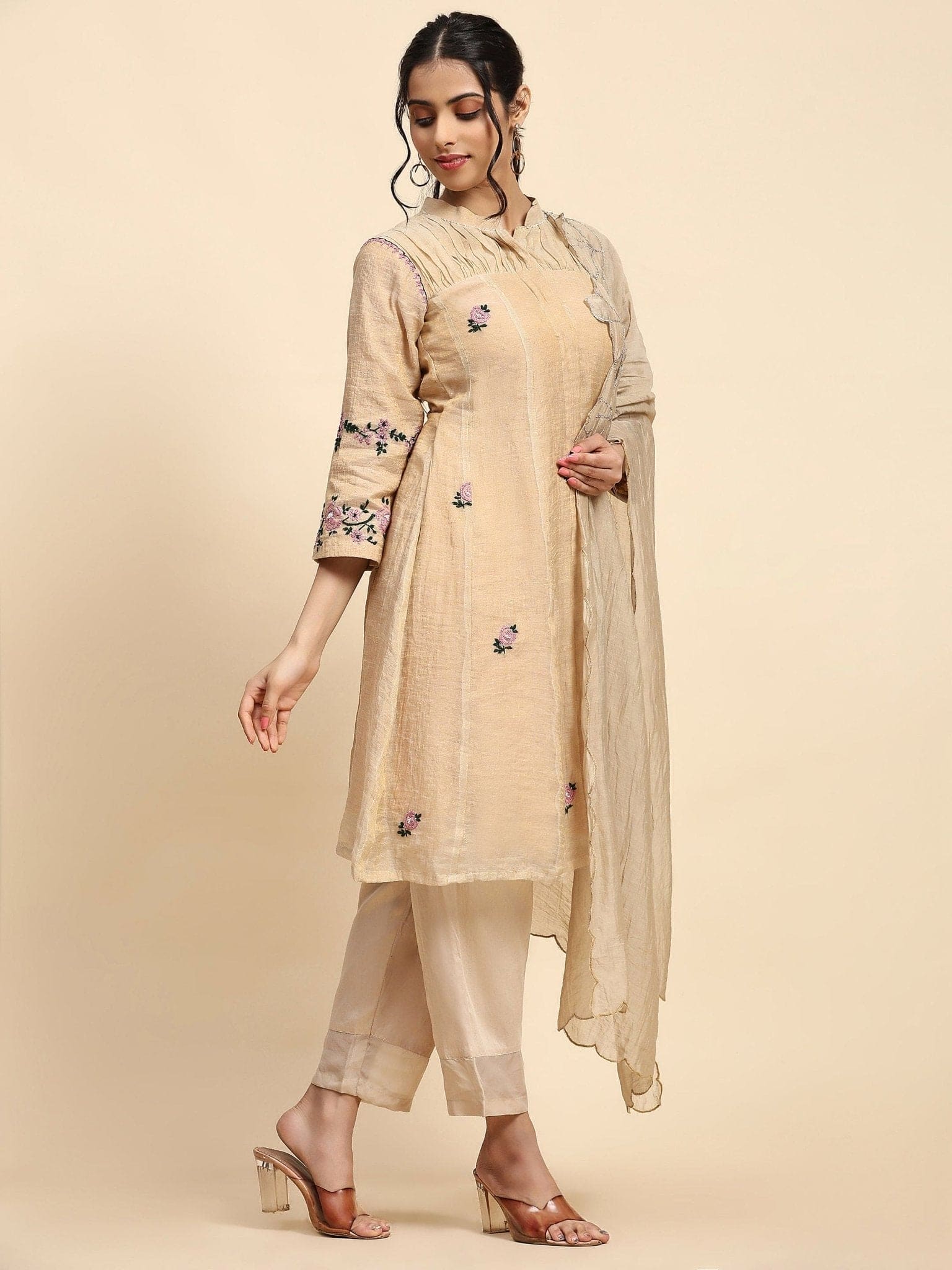 Shimmer Chikankari Kurta Set - Beige - Charkha TalesShimmer Chikankari Kurta Set - Beige