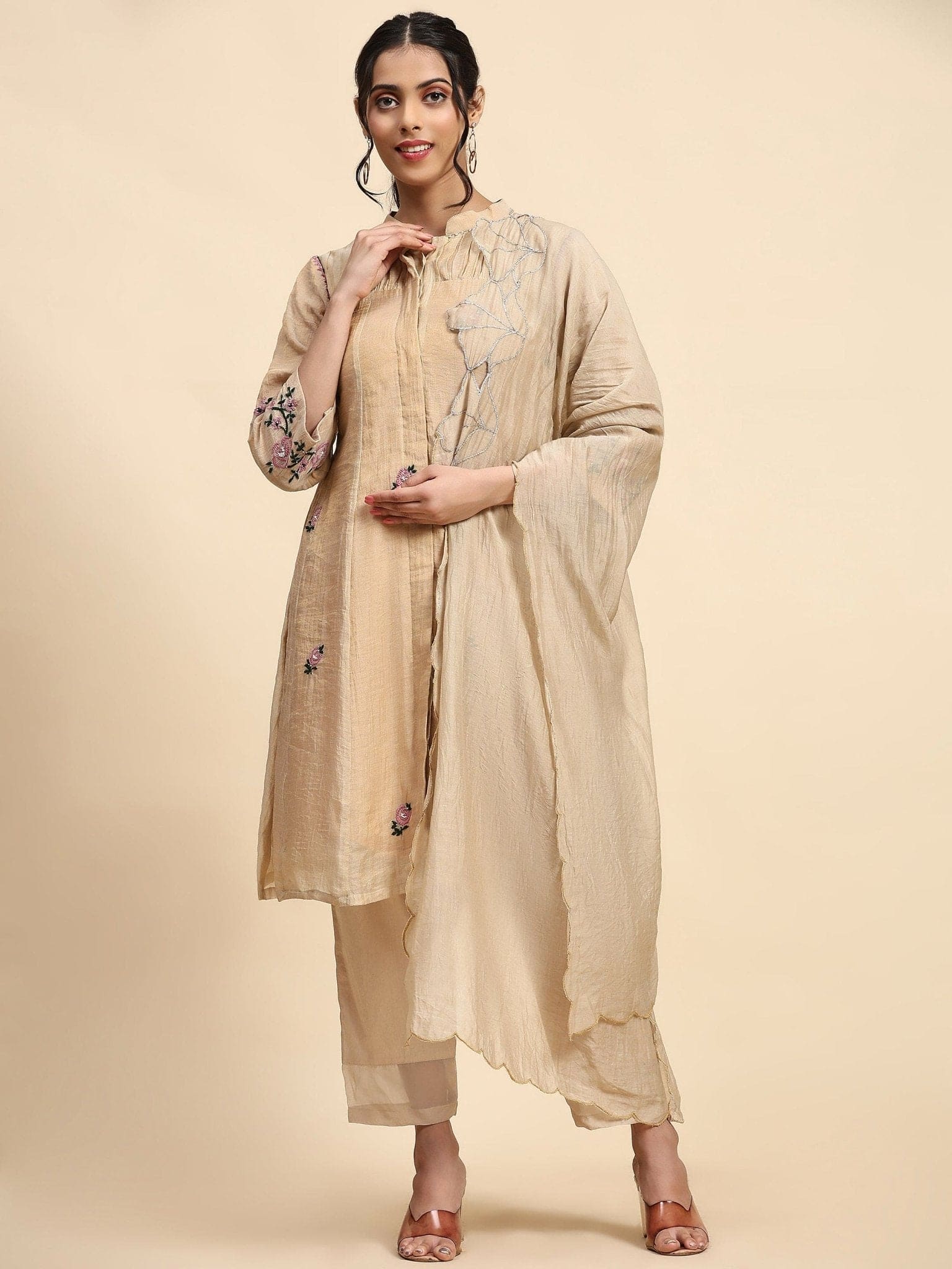 Shimmer Chikankari Kurta Set - Beige - Charkha TalesShimmer Chikankari Kurta Set - Beige