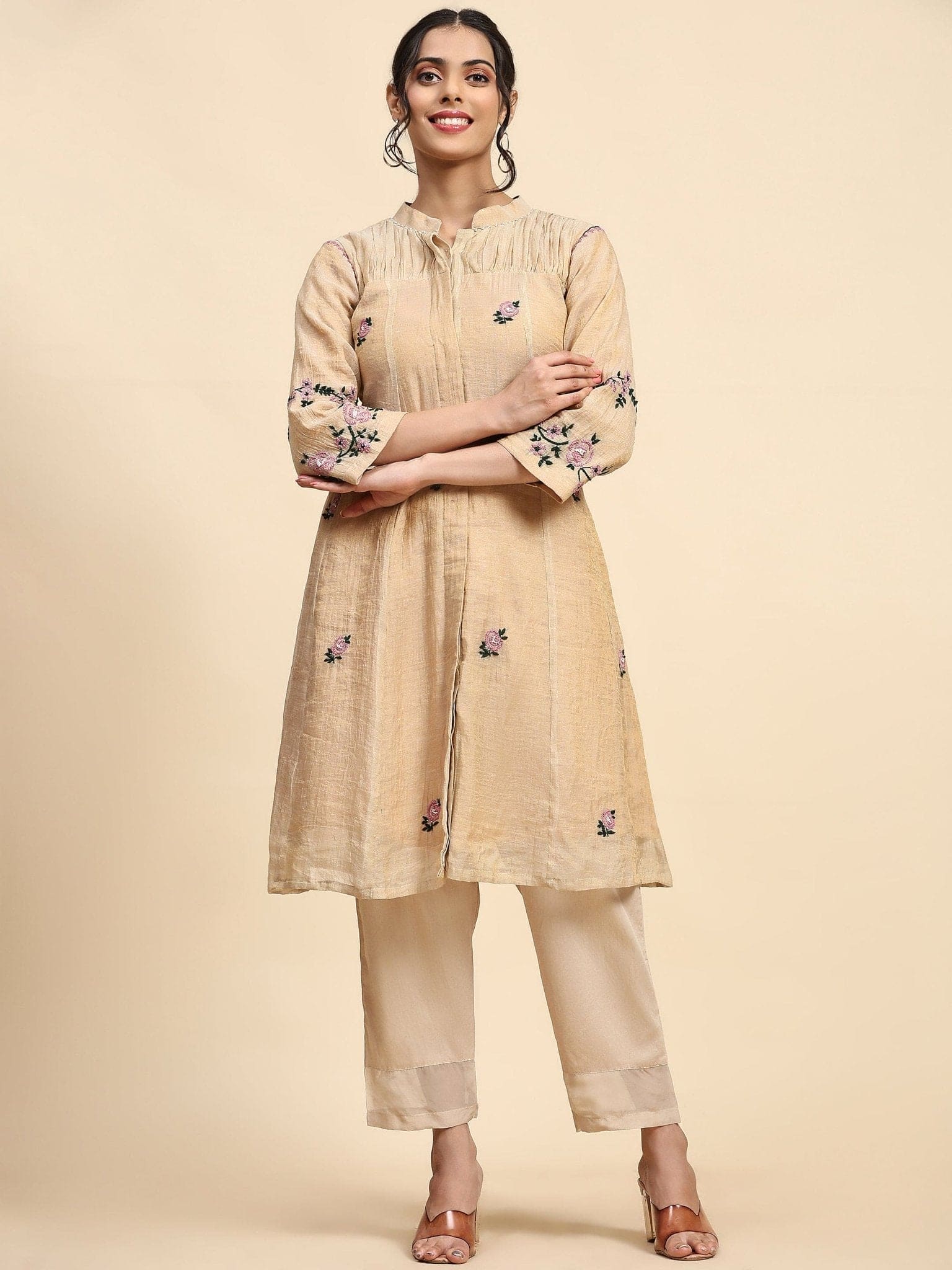 Shimmer Chikankari Kurta Set - Beige - Charkha TalesShimmer Chikankari Kurta Set - Beige