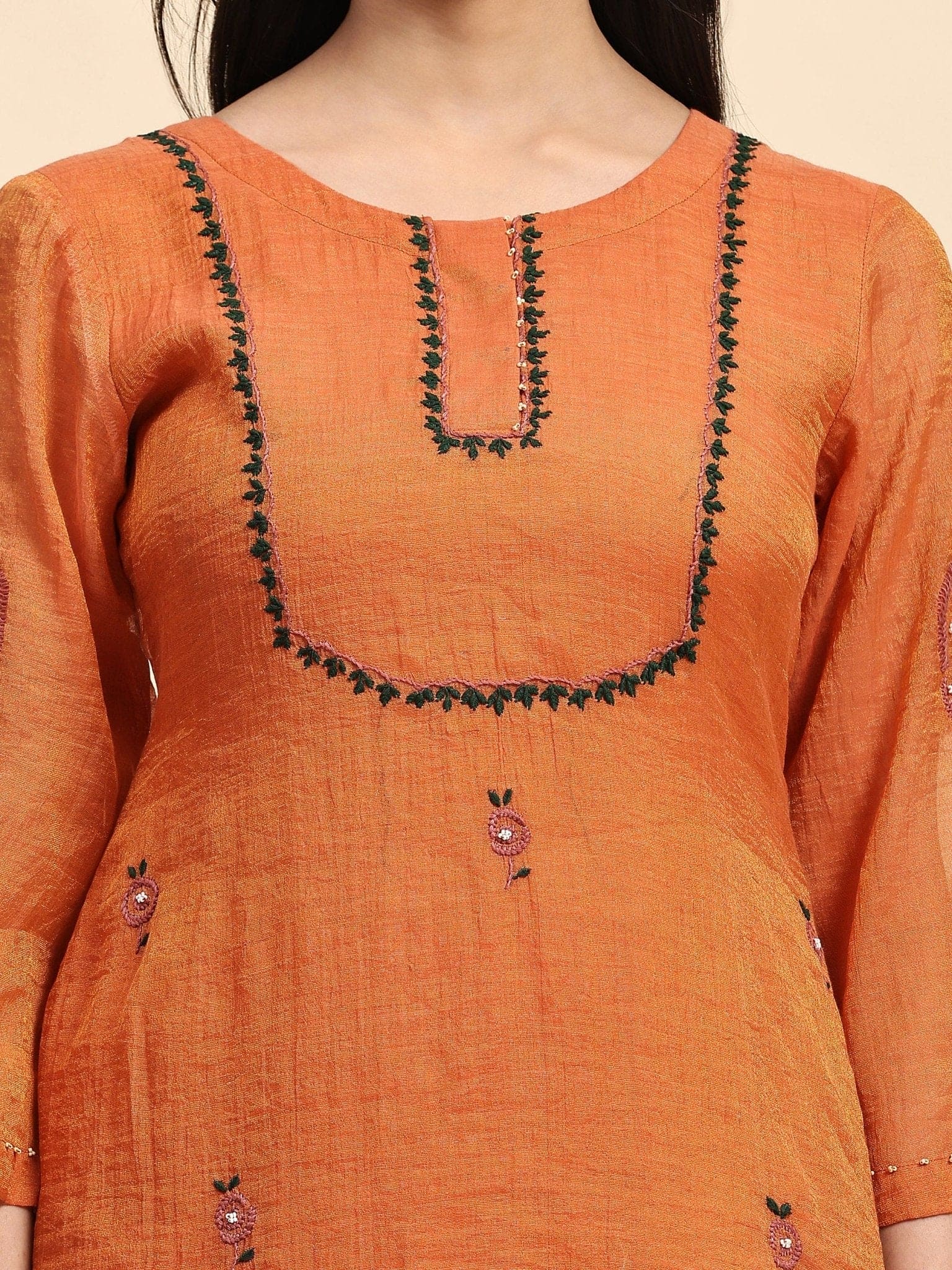 Shimmer Chikankari Kurta Set - Rust Orange - Charkha TalesShimmer Chikankari Kurta Set - Rust Orange
