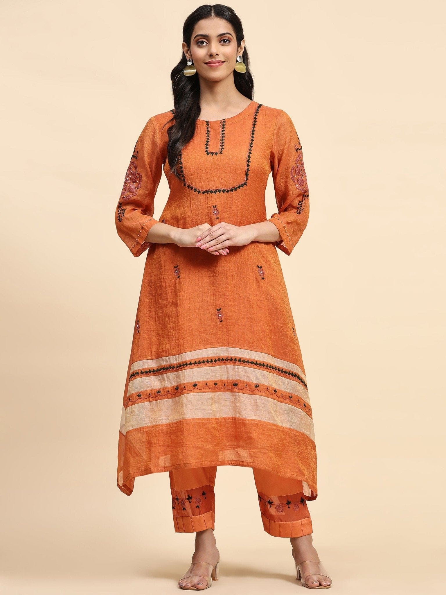 Shimmer Chikankari Kurta Set - Rust Orange - Charkha TalesShimmer Chikankari Kurta Set - Rust Orange