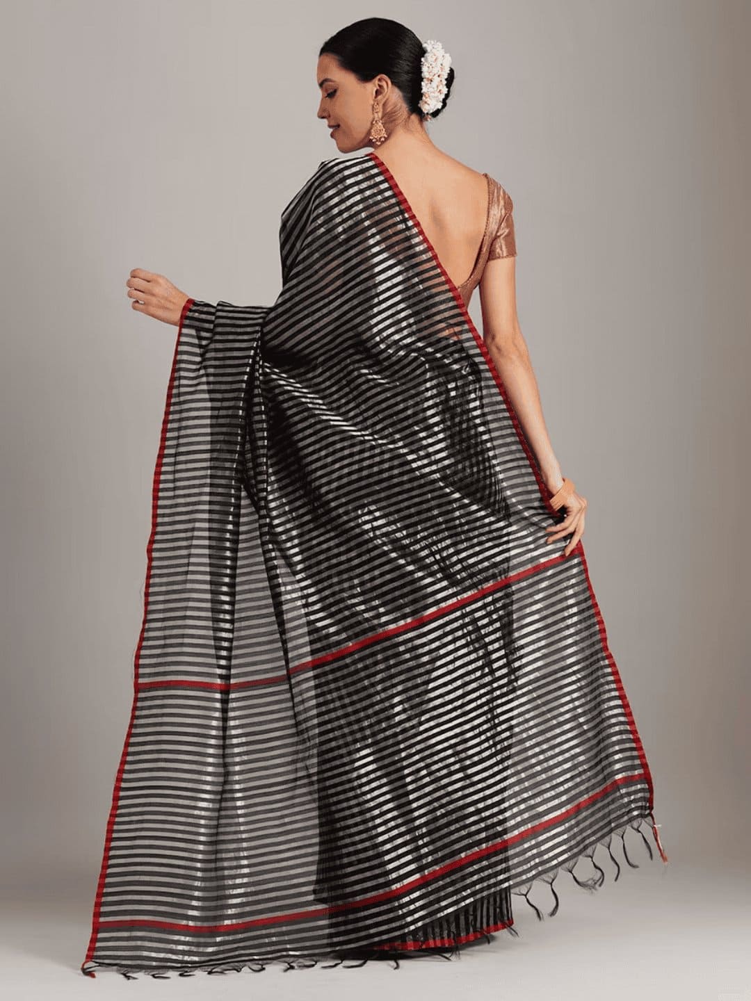 Silk Chanderi Saree - Black - Charkha TalesSilk Chanderi Saree - Black