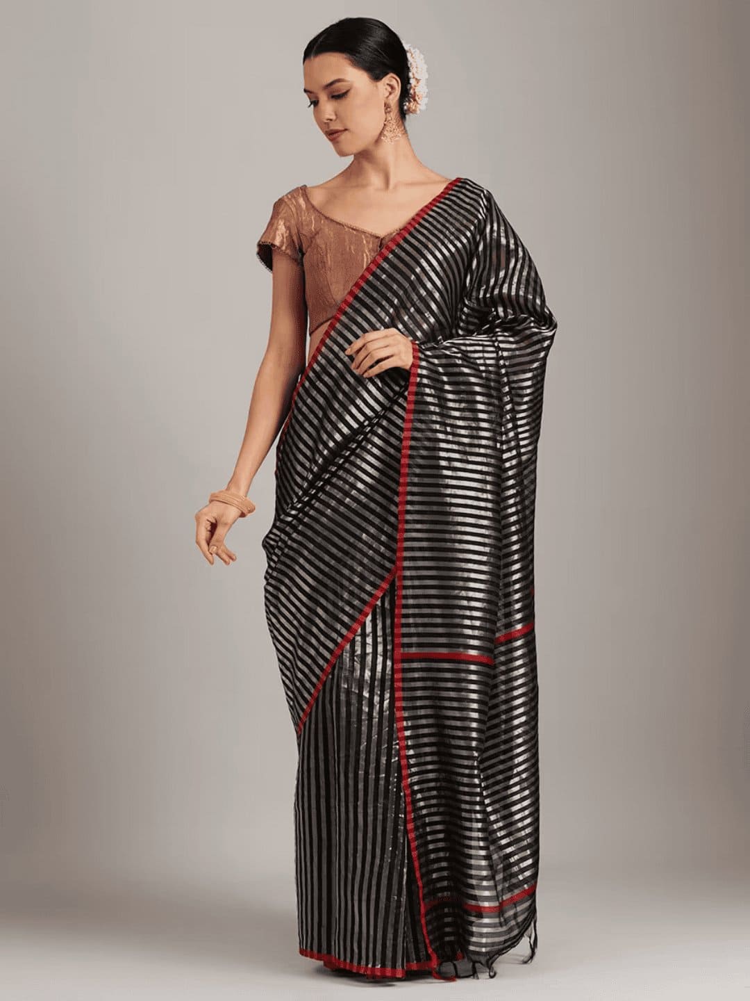 Silk Chanderi Saree - Black - Charkha TalesSilk Chanderi Saree - Black