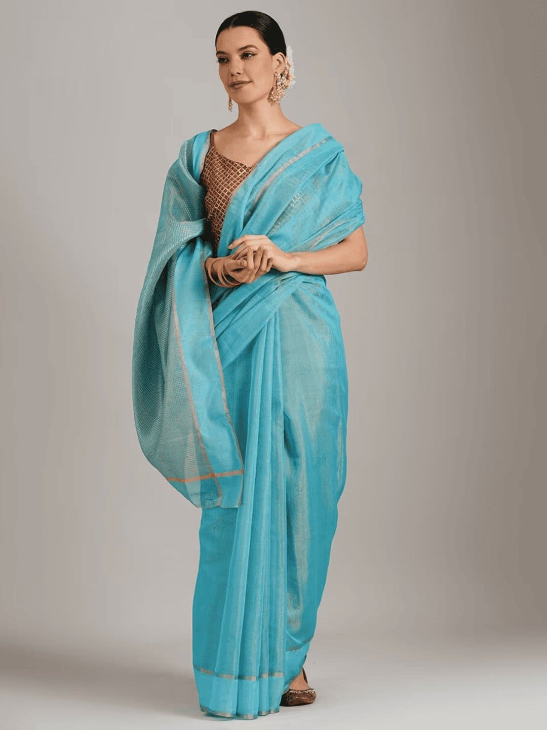 Silk Chanderi Saree - Blue - Charkha TalesSilk Chanderi Saree - Blue