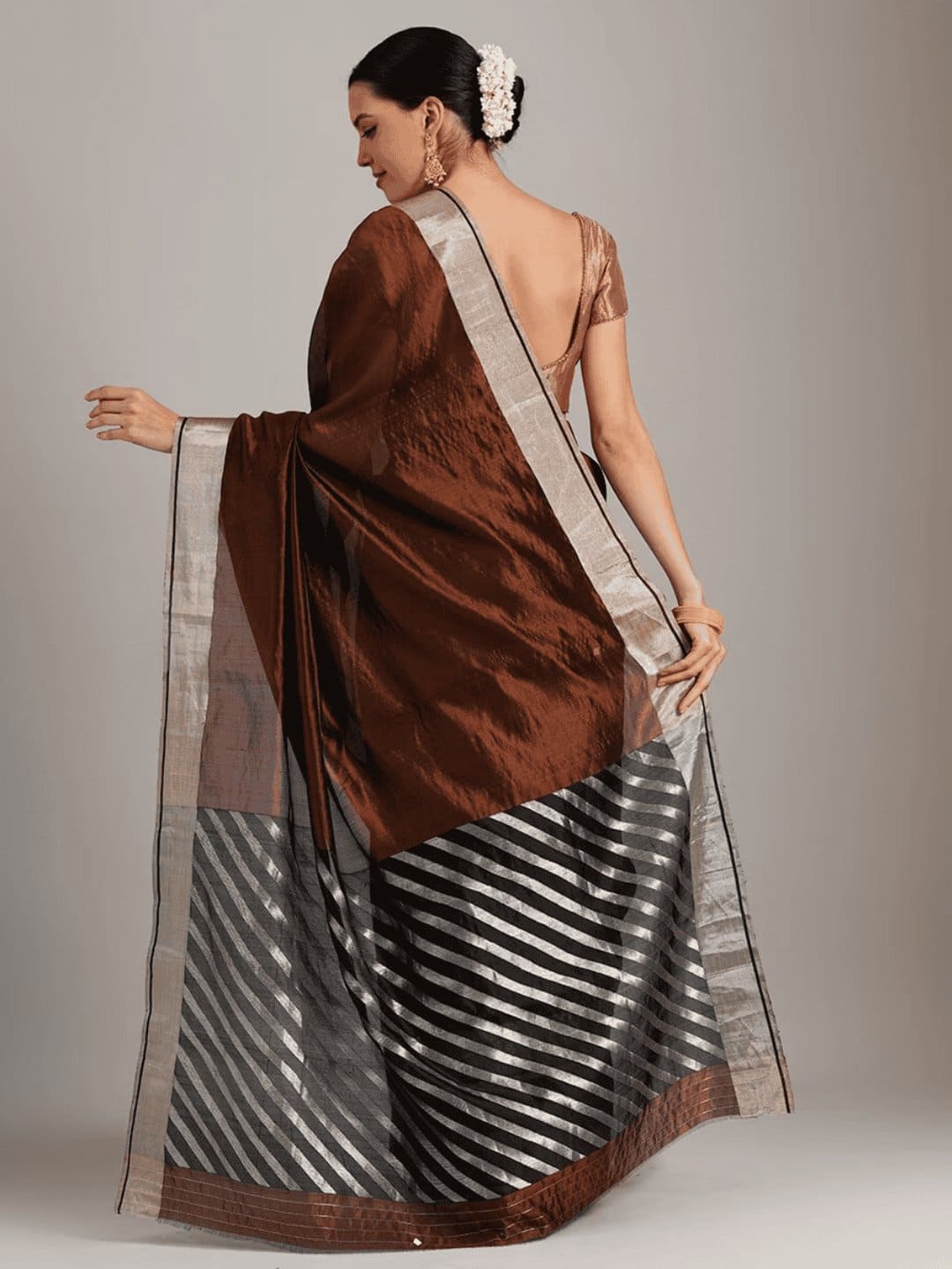 Silk Chanderi Saree - Brown - Charkha TalesSilk Chanderi Saree - Brown