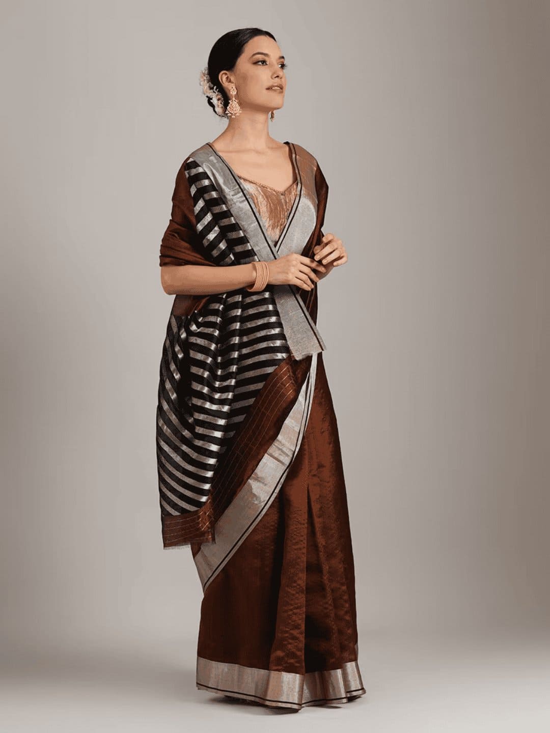 Silk Chanderi Saree - Brown - Charkha TalesSilk Chanderi Saree - Brown
