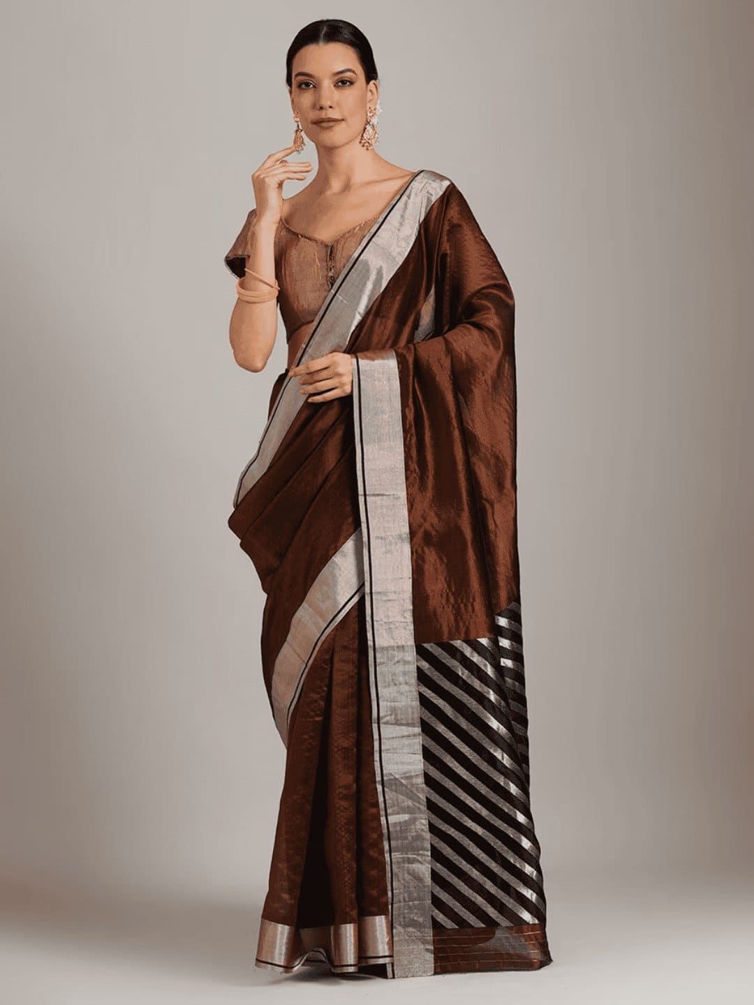Silk Chanderi Saree - Brown - Charkha TalesSilk Chanderi Saree - Brown