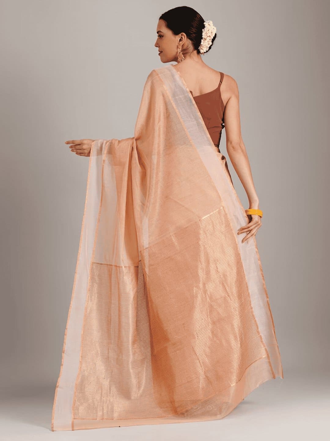 Silk Chanderi Saree - Peach Orange - Charkha TalesSilk Chanderi Saree - Peach Orange