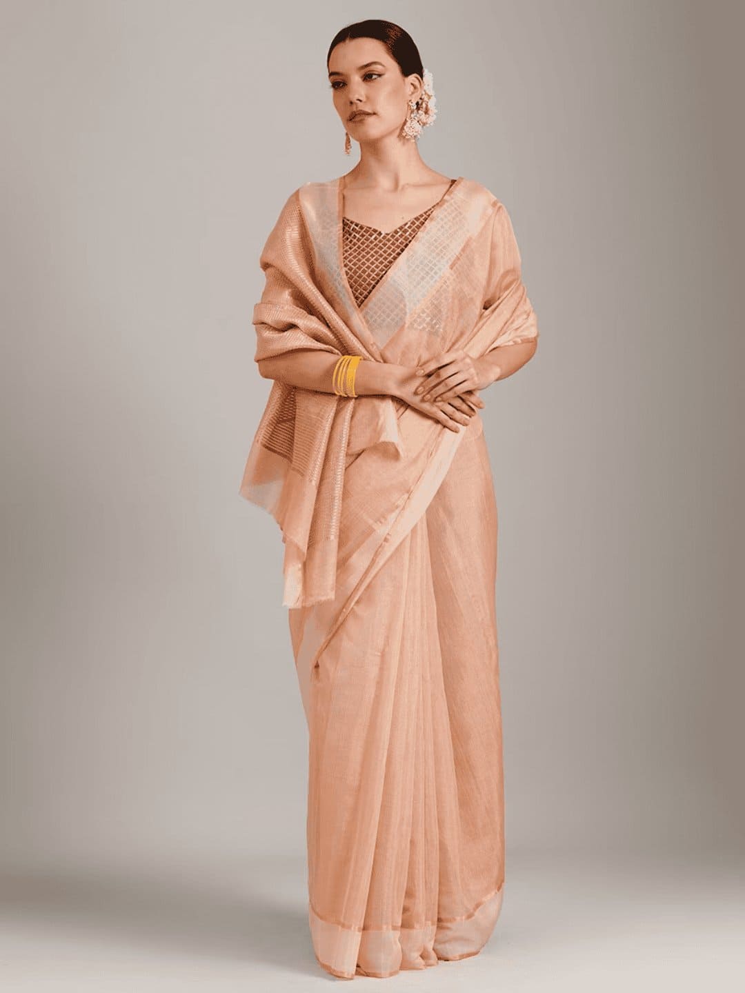 Silk Chanderi Saree - Peach Orange - Charkha TalesSilk Chanderi Saree - Peach Orange