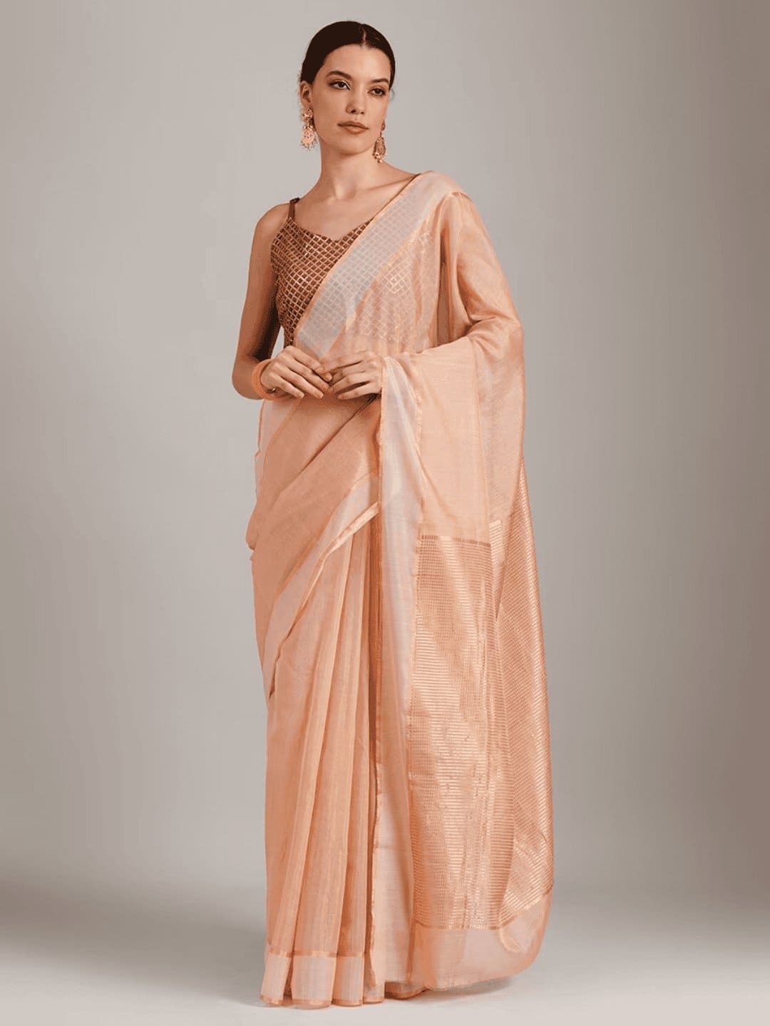 Silk Chanderi Saree - Peach Orange - Charkha TalesSilk Chanderi Saree - Peach Orange
