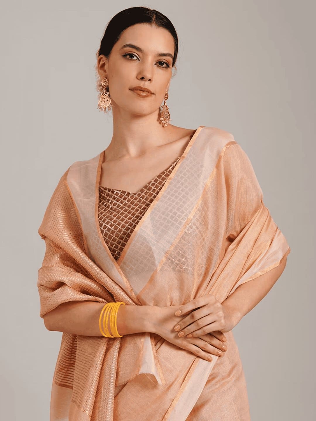 Silk Chanderi Saree - Peach Orange - Charkha TalesSilk Chanderi Saree - Peach Orange