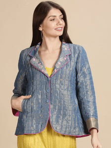 Silk Zari Quilted Jacket - Blue