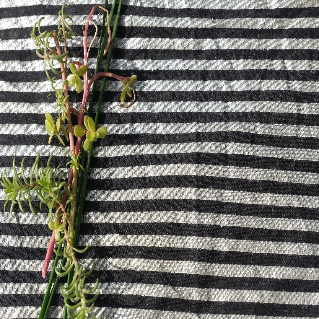 Silver Stripes Chanderi Fabric - Black - Charkha TalesSilver Stripes Chanderi Fabric - Black