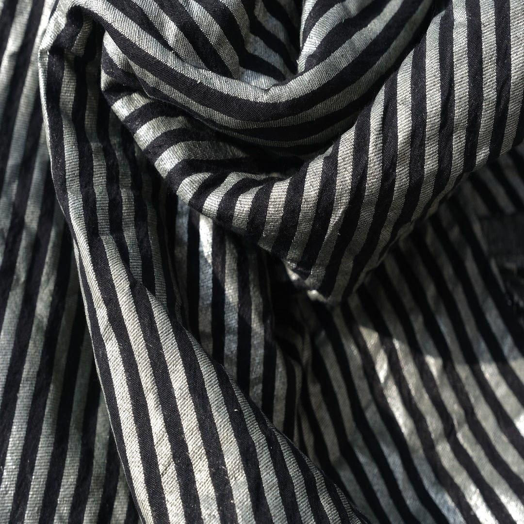 Silver Stripes Chanderi Fabric - Black - Charkha TalesSilver Stripes Chanderi Fabric - Black