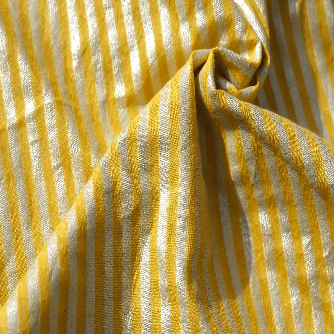 Silver Stripes Chanderi Fabric - Yellow - Charkha TalesSilver Stripes Chanderi Fabric - Yellow