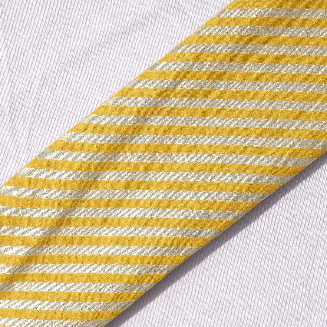 Silver Stripes Chanderi Fabric - Yellow - Charkha TalesSilver Stripes Chanderi Fabric - Yellow