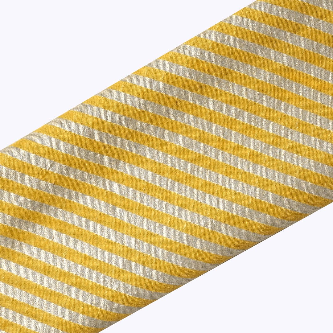 Silver Stripes Chanderi Fabric - Yellow - Charkha TalesSilver Stripes Chanderi Fabric - Yellow