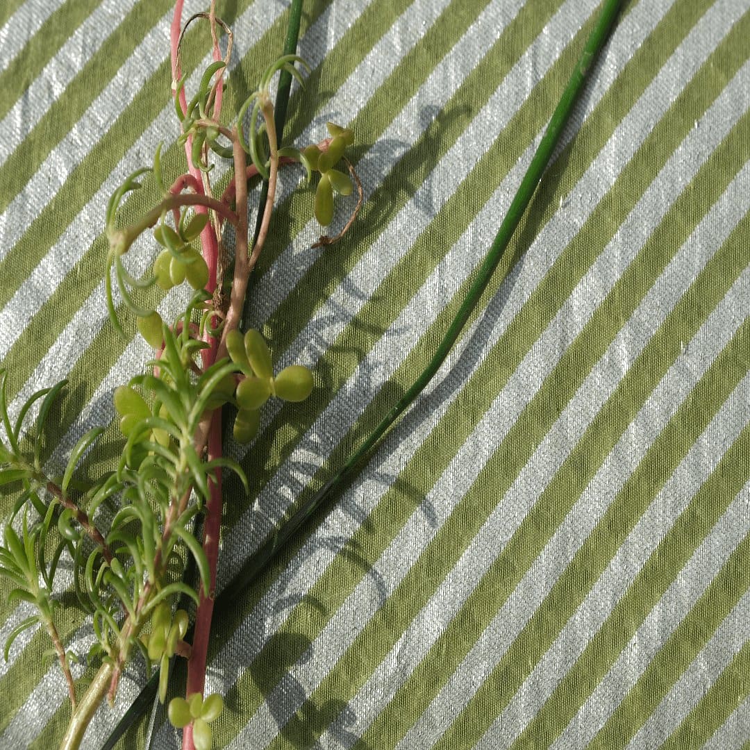 Silver Stripes Fabric - Olive Green - Charkha TalesSilver Stripes Fabric - Olive Green