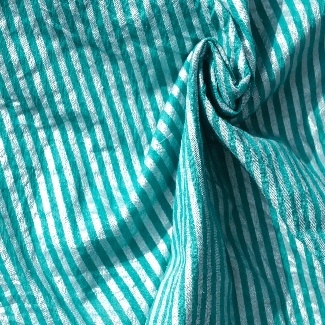 Silver Stripes Fabric - Sea - Green - Charkha TalesSilver Stripes Fabric - Sea - Green