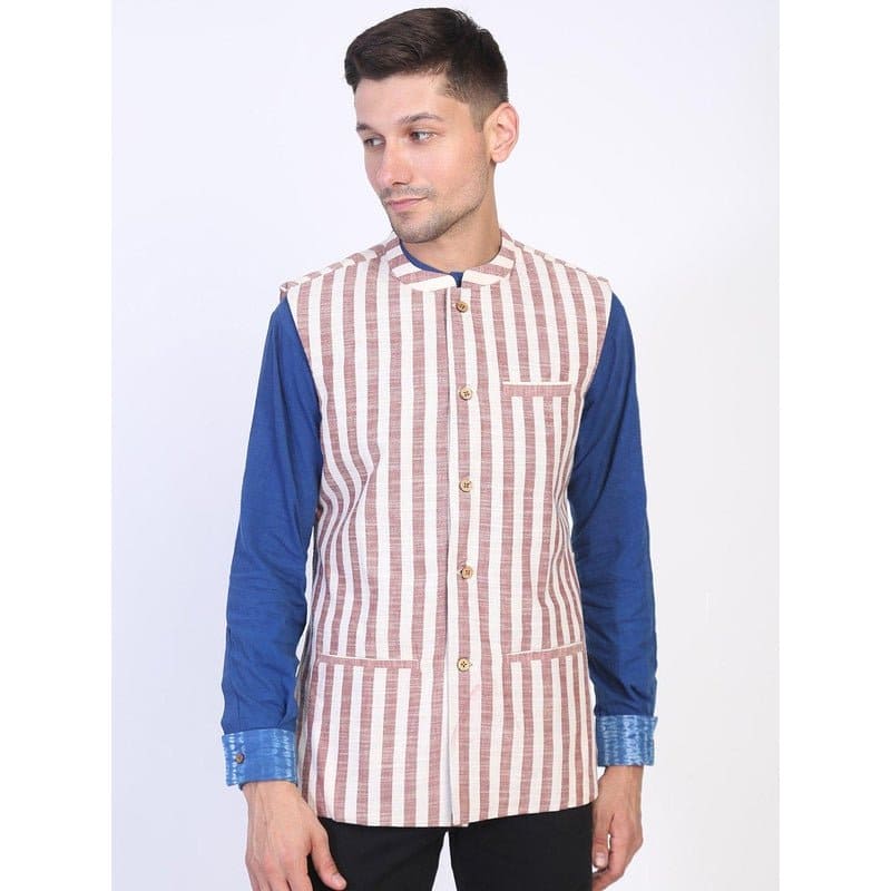 Striped Cotton Men Sadri - Brown - Charkha TalesStriped Cotton Men Sadri - Brown