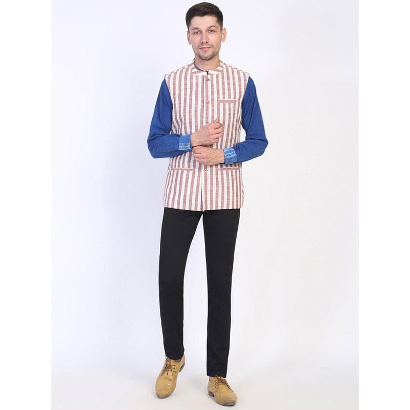 Striped Cotton Men Sadri - Brown - Charkha TalesStriped Cotton Men Sadri - Brown