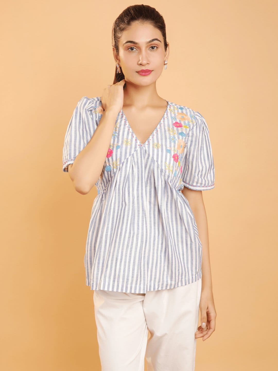 Striped Embroiderd Co - Ord Set - Blue - Charkha TalesStriped Embroiderd Co - Ord Set - Blue